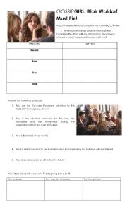 English Worksheet: Gossip Girl: Blair Waldorf must pie