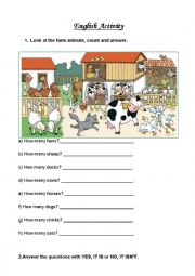 English Worksheet: Farm Animals, Numbers & Colors