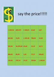 English Worksheet: SAY THE PRICE!!!!