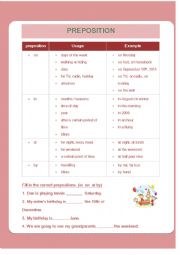 English Worksheet: prepositions (in on at by)