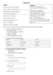 English Worksheet: Test - Verb To Be