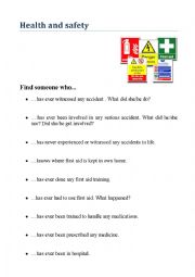English Worksheet: Health and safety: Find someone who...