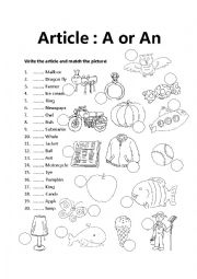 English Worksheet: article a or an