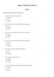 English Worksheet: Reading Jigsaw - National Day around the World Posters - Questions and Answers