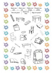 English Worksheet: School objects and colours