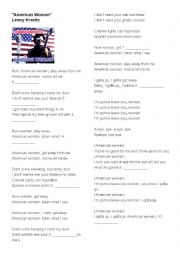 English Worksheet: American Woman- Lenny Kravitz Fill in the blanks