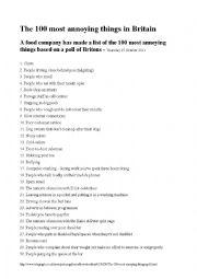 English Worksheet: Top 100 Annoying Things