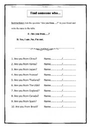 English Worksheet: Are you from?