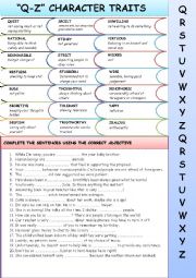 English Worksheet: ADJECTIVES: Q-Z CHARACTER TRAITS