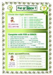 English Worksheet: For or Since