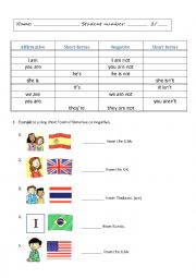 English Worksheet: short form affirmative and negative of be