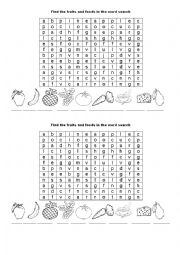 English Worksheet: fruits and foods word search