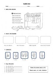 English Worksheet: Evaluation test - colours, clothes, cardinal numbers, shapes, ordinal numbers, animals, 5 senses, transports, my town, emotions, food, time and daily routine