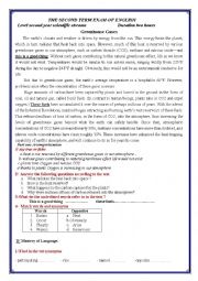 English Worksheet: the second term Exam of english about greenhouse