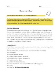 English Worksheet: Manners at school- reading, speaking and writing an essay