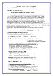 English Worksheet: the second term exam of English about advertising 