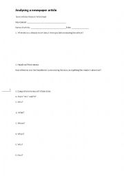 English Worksheet: News Article Analysis Worksheet