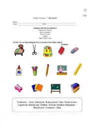 English Worksheet: test classroom objects , colors, school room