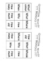 English Worksheet: Question words BINGO