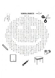 English Worksheet: school objects wordsearch