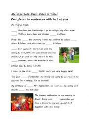 English Worksheet: Prepositions of Time - My Important Days, Dates & Times