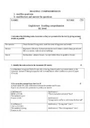 English Worksheet: Reading comprehension TEST -B1-Art sequence