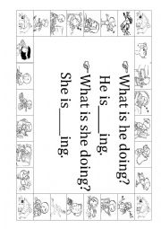 English Worksheet: Whats he doing? board game