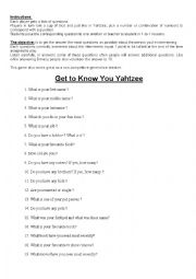 English Worksheet: Get to know you Yahtzee