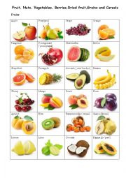 English Worksheet: Fruit, Nuts, Vegetables, Berries, Dried fruit, Grains and Cereals (Vocabulary worksheet)