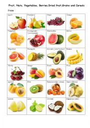 Fruit, Nuts, Vegetables, Berries, Dried fruit, Grains and Cereals (Vocabulary worksheet)