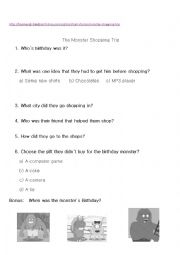 English Worksheet: Monsters shopping Trip Animation Quiz