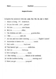 English Worksheet: Possessive Adjective Excercise