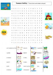 English Worksheet: SUMMER HOLIDAY WORDSEARCH