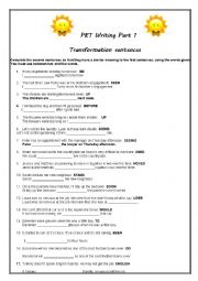 English Worksheet: PET  TRANSFORMATION SENTENCES WRITING PART 1 + KEYS B1 LEVEL