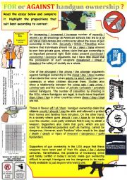 English Worksheet: Gr - Essay - For or against handgun ownership  + Key (intermediate)