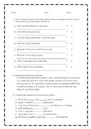 English Worksheet: Grammar exercise or test: Apostrophes/Have vs There is/Prepositions