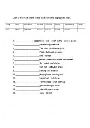 English Worksheet: sports and equipment