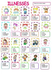 English Worksheet: ILLNESSES MULTIPLE CHOICE ACTIVITY