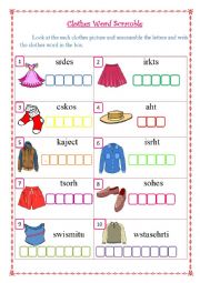 English Worksheet: Clothes Word Scramble