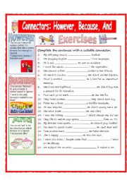 English Worksheet: CONNECTORS: HOWEVER, BECAUSE, AND