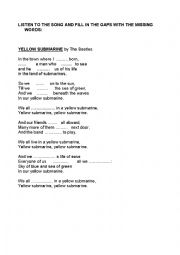 English Worksheet: SONG ACTIVITY - YELLOW SUBMARINE - COMPREHENSION ACTIVITIES -