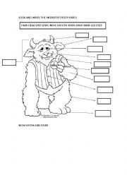 English Worksheet: Look at the monster and complete the body parts. Then listen and paint