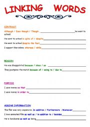 English Worksheet: Linking Words expressing Contrast, Reason, Purpose and Adding information