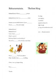 English Worksheet: Hakuna Matata song, the lion King