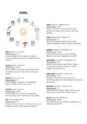 English Worksheet: ZODIAC CALENDAR (Adjectives - Personal Description)