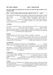 English Worksheet: ethics and values at work (unit 4)