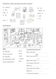 English Worksheet: Review Prepositions & Furniture