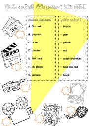 English Worksheet: Colorful Cinema World - match movie vocabulary with coloring.