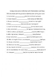 English Worksheet: Using a Gerund or Infinitive with Remember and Stop 