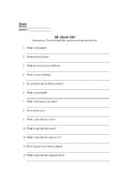 English Worksheet: All About Me: Self Intro Game